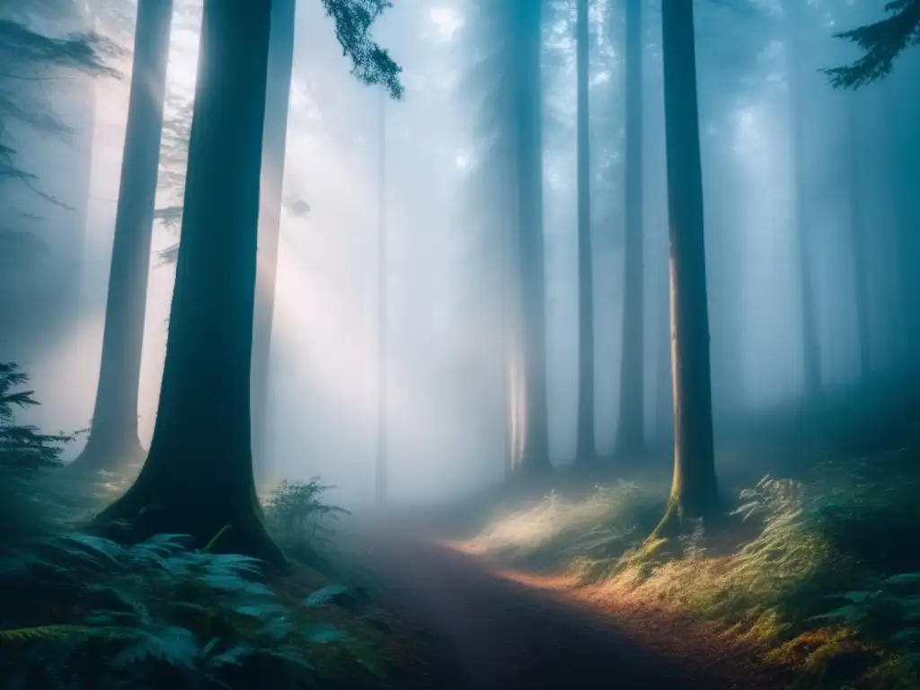 Una misteriosa y cautivadora escena de bosque nebuloso en 8k, ideal para los preppers en niebla