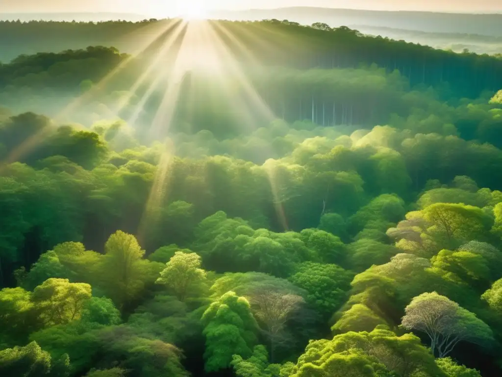 Consejos de supervivencia en bosque desconocido: vista aérea de un denso bosque misterioso con exuberante vegetación y rayos de luz dorada