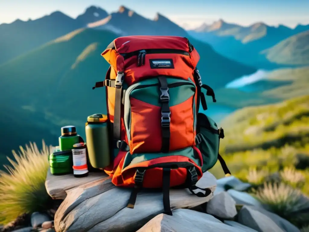 Técnicas preppers desastre ambiental: Mochila supervivencia equipada y paisaje montañoso