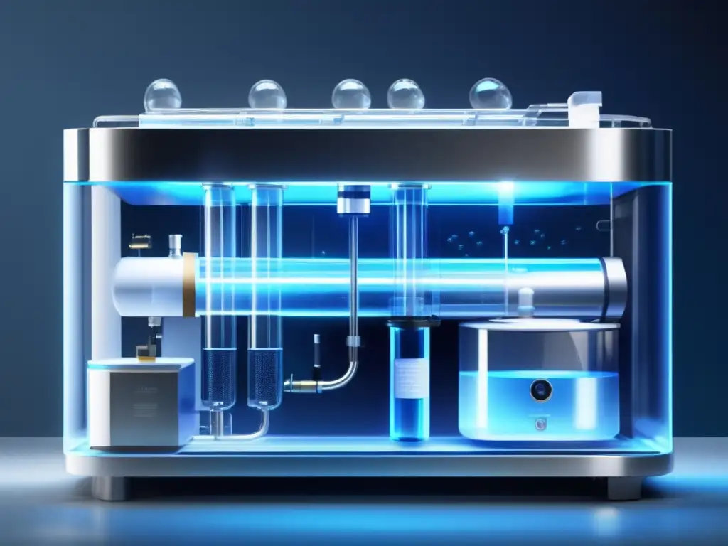 Purificación agua lluvia paso a paso en sistema futurista transparente, eliminando impurezas, olores, químicos y microorganismos