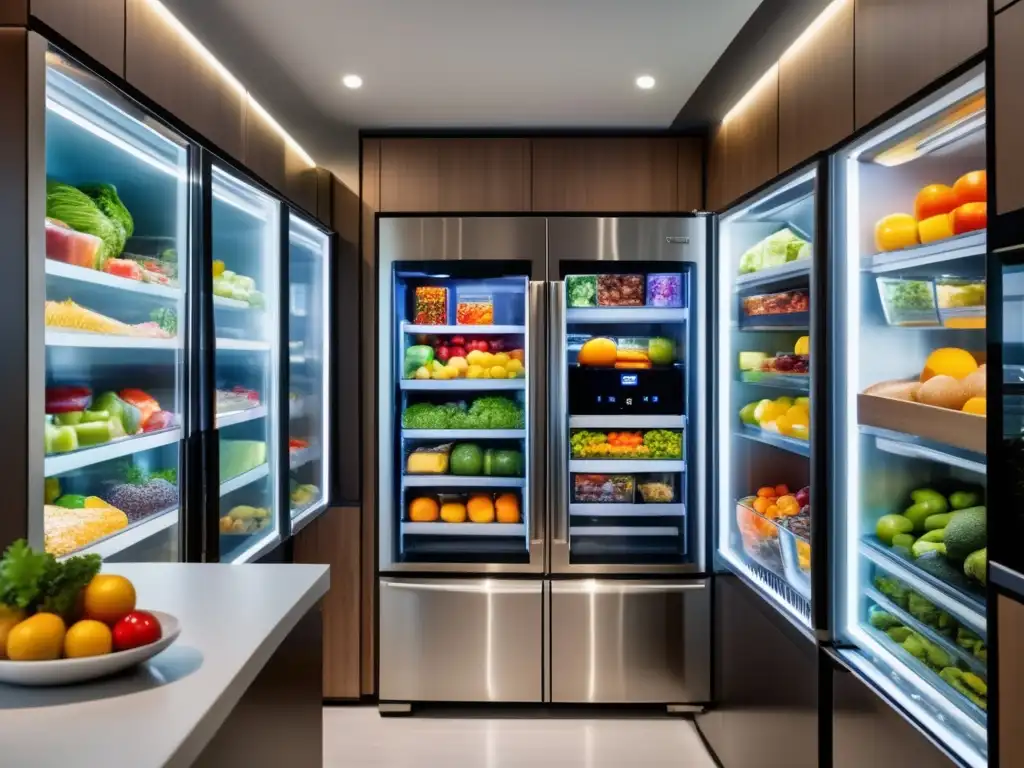 Congelación alimentos: cocina moderna, alimentos congelados organizados en freezer transparente