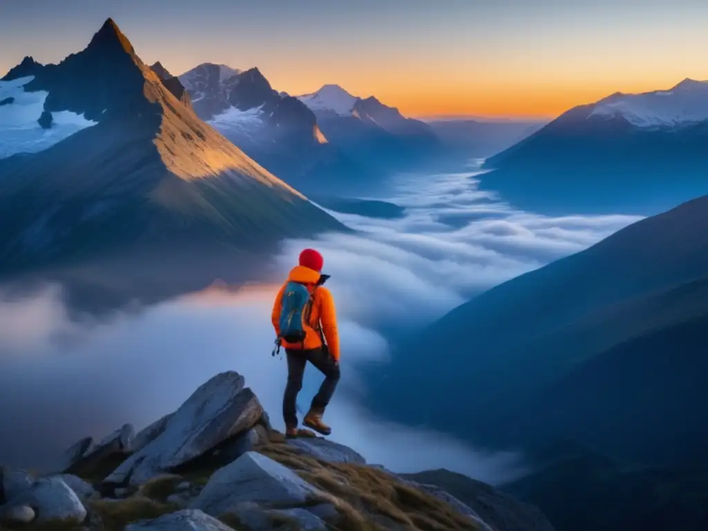 Paisaje montañoso al atardecer con hiker usando señalización de emergencia