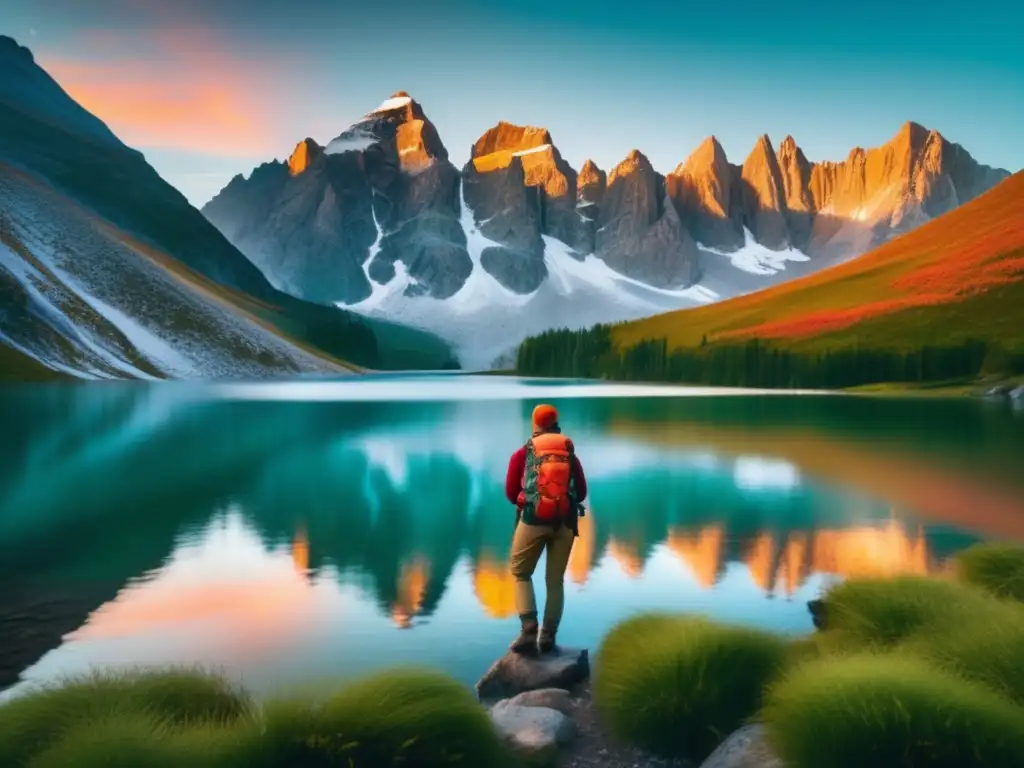 Paisaje de montaña al atardecer con lago alpino y técnica de primeros auxilios