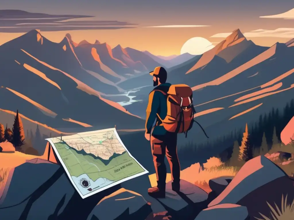 Técnicas de orientación con mapas para preppers en paisaje montañoso al atardecer