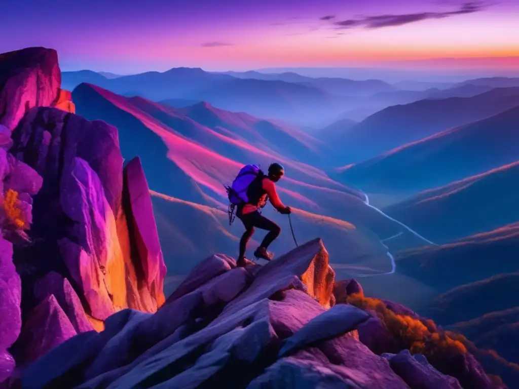 Paisaje montañoso al atardecer con escalador Silueta de escalador en montaña al atardecer - Manejo de la huida en crisis