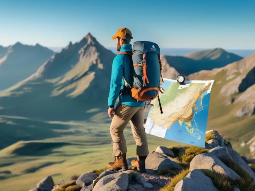 Paisaje montañoso con hiker, brújula y mapa: Uso correcto de la brújula en supervivencia