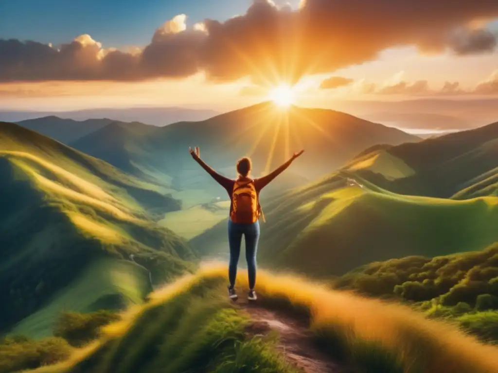 Persona en la cima de una montaña, sonriente y empoderada