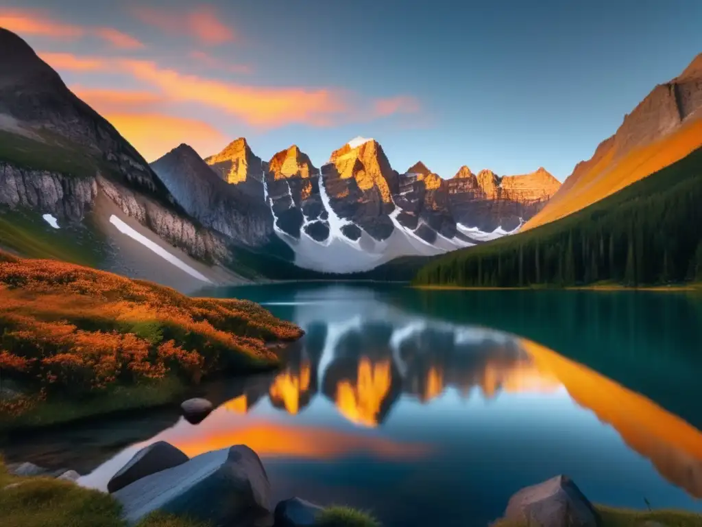 Paisaje montañoso al atardecer con lago alpino y explorador