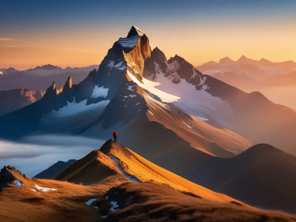 Técnicas de manejo del estrés en situaciones extremas: Montaña al amanecer con figura solitaria abrazando la serenidad y vastedad de la naturaleza