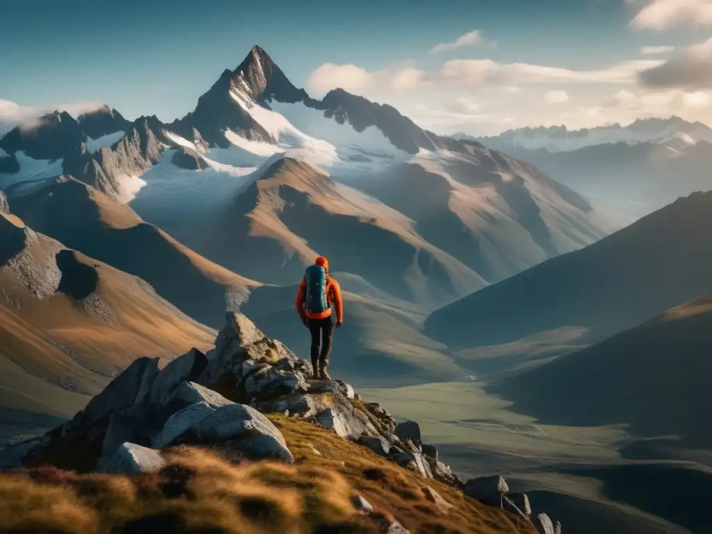 Paisaje montañoso con picos nevados, hiker en primer plano - Manual de supervivencia montaña preppers