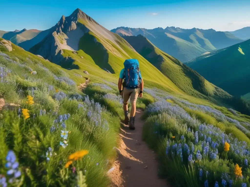 Hiker con mochila y equipo esencial en impresionante paisaje montañoso de 8k con cielo azul claro -