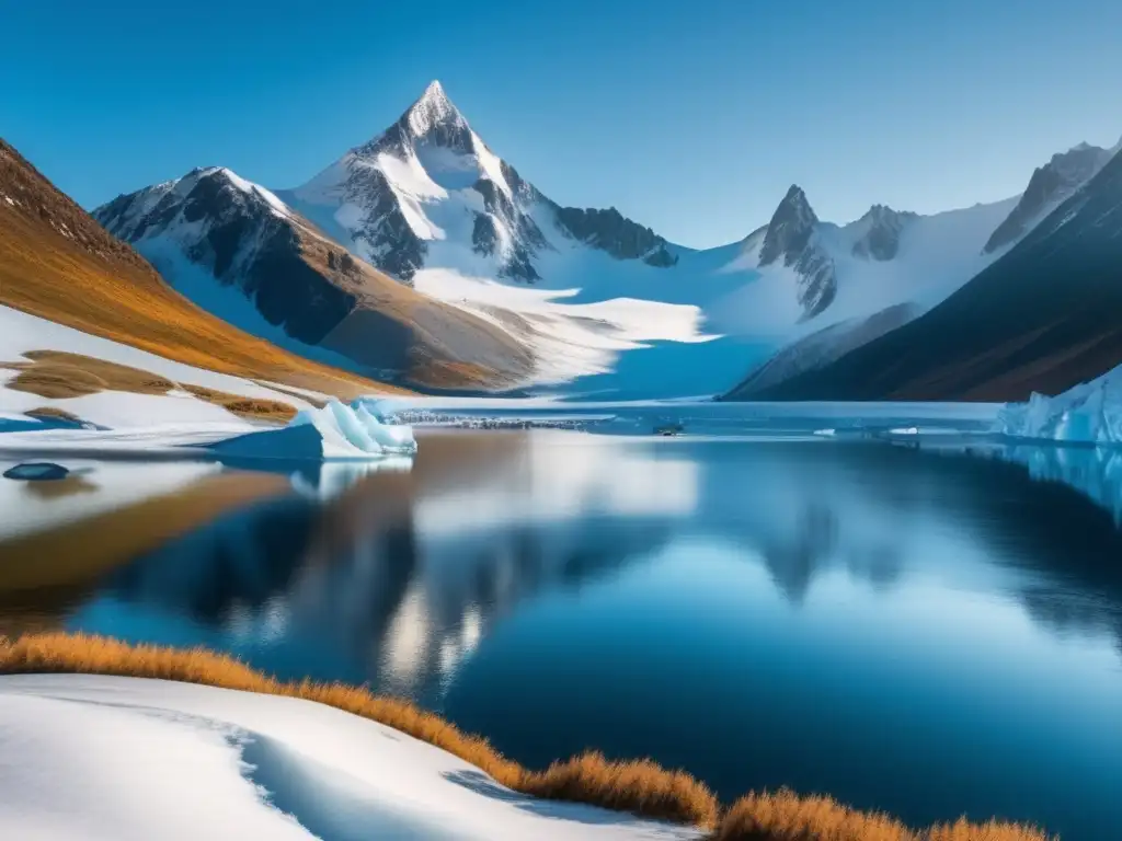 Técnicas de supervivencia en hielo y nieve, montañeros en paisaje invernal con lago helado y picos nevados