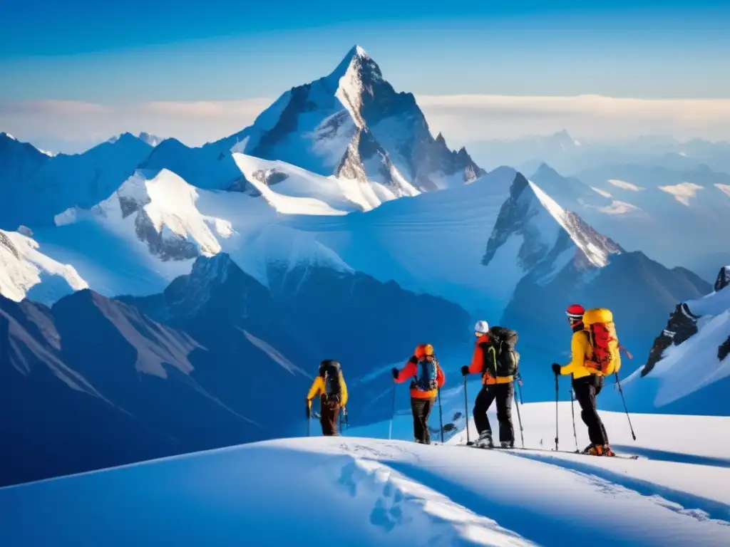 Majestuosas montañas nevadas y montañismo seguro Majestuosa montaña nevada con alpinistas y técnicas de supervivencia en aludes