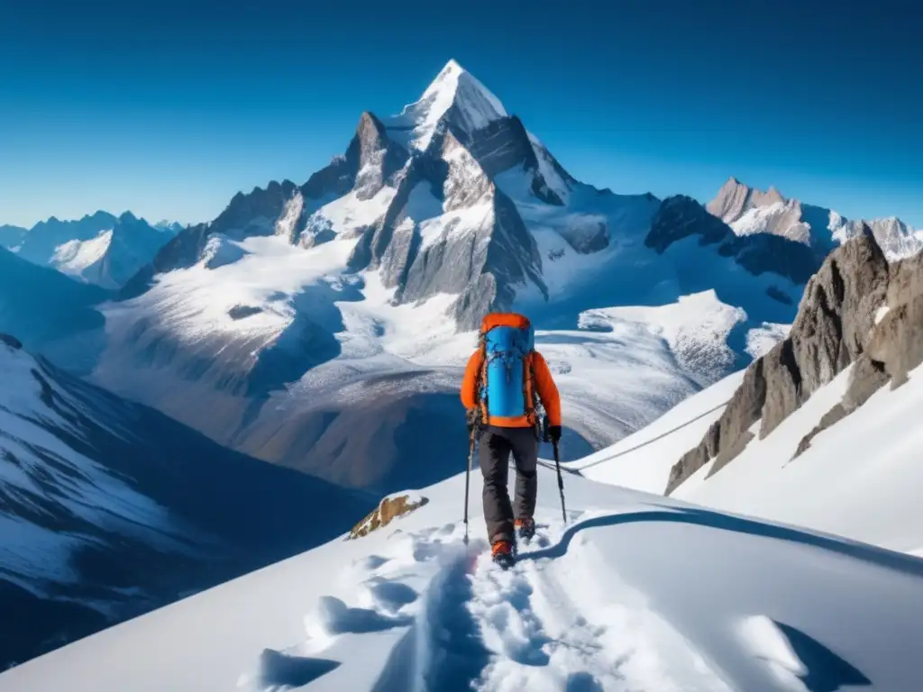 Técnicas de supervivencia en montañas: Majestuosa imagen de montañas nevadas, cielo azul y un alpinista preparado enfrentando desafíos