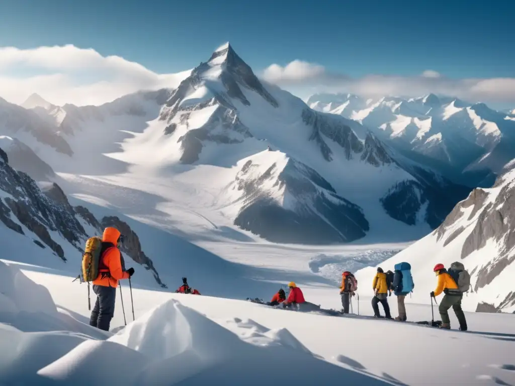 Preparación para avalanchas: Técnicas esenciales Técnicas de supervivencia en aludes para preppers en una imagen 8k con montañas nevadas y grupo de preppers practicando técnicas esenciales