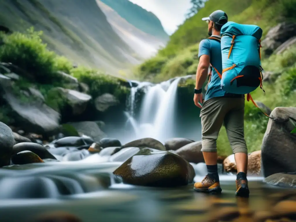 Purificación agua en condiciones extremas: hiker purificando agua en montaña