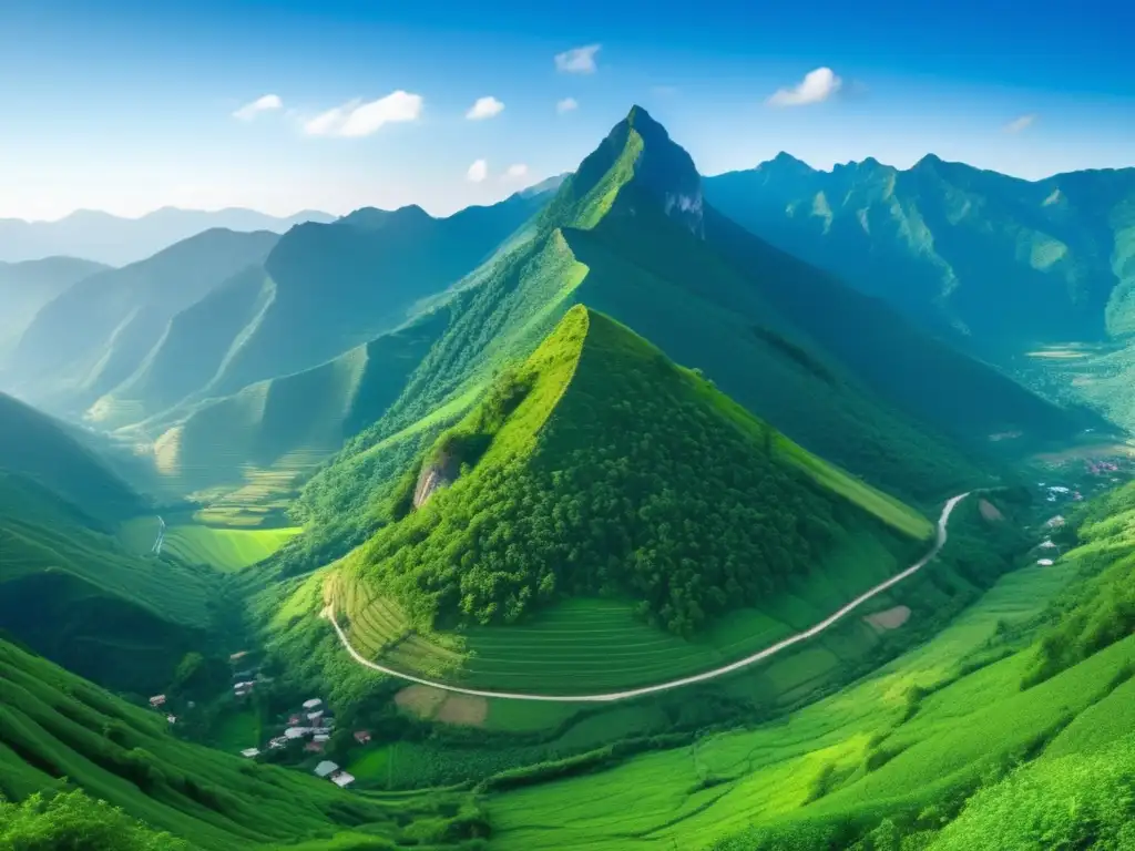 Un hermoso paisaje montañoso lleno de vegetación verde exuberante, con un cielo azul claro