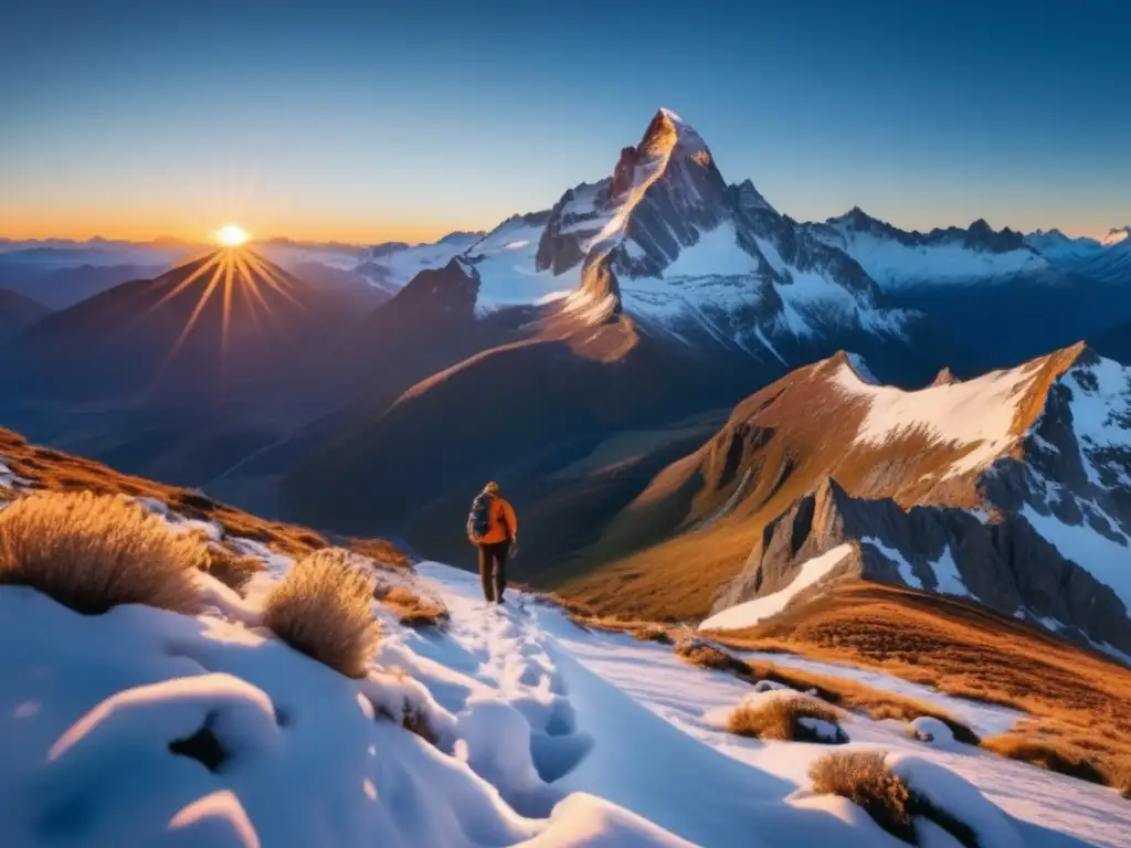 Amanecer en las montañas: hiker y radio satelital Ventajas de tener una radio satelital en tu kit de supervivencia: impresionante imagen de montañas nevadas al amanecer