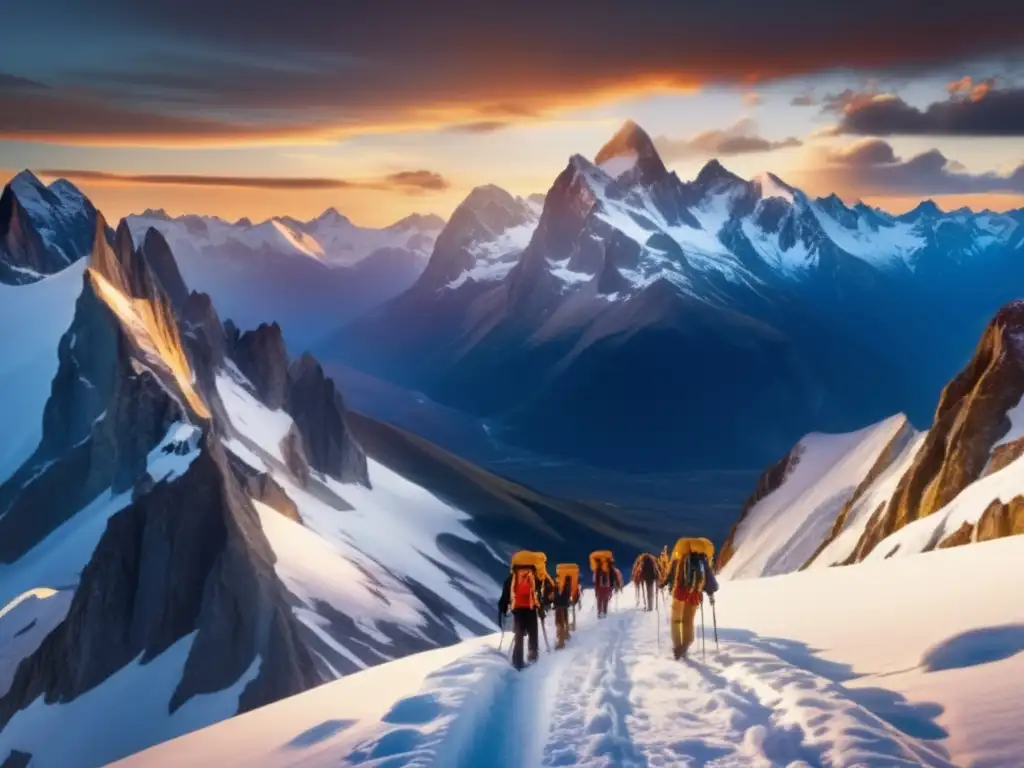 Montañas nevadas al atardecer - Montañeros en camino - Señales de mano para comunicación de emergencia