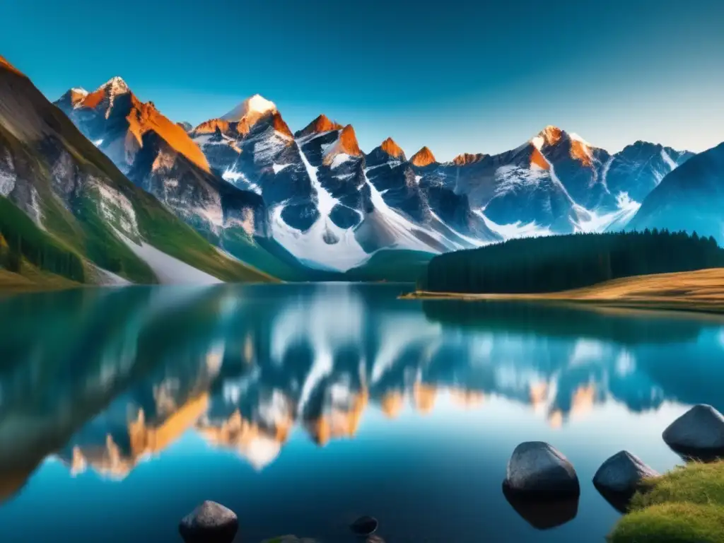 Paisaje montañoso con picos nevados, lago tranquilo y técnicas de relajación para situaciones extremas