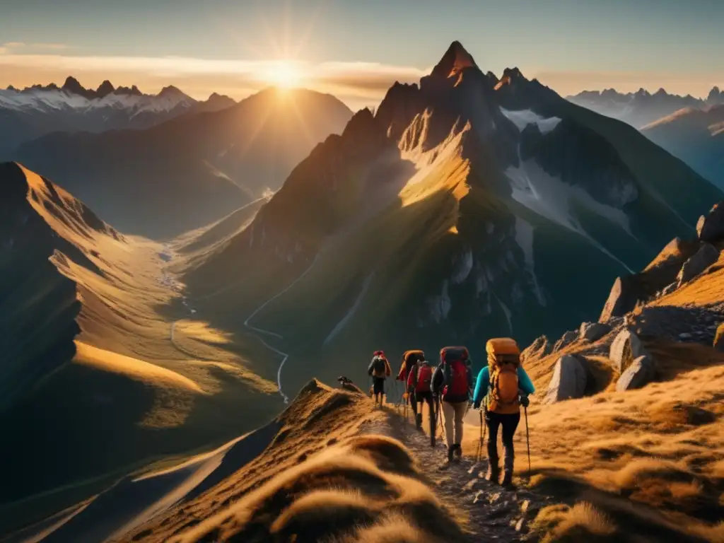 Impresionante vista aérea de montañas con hikers navegando terreno desafiante