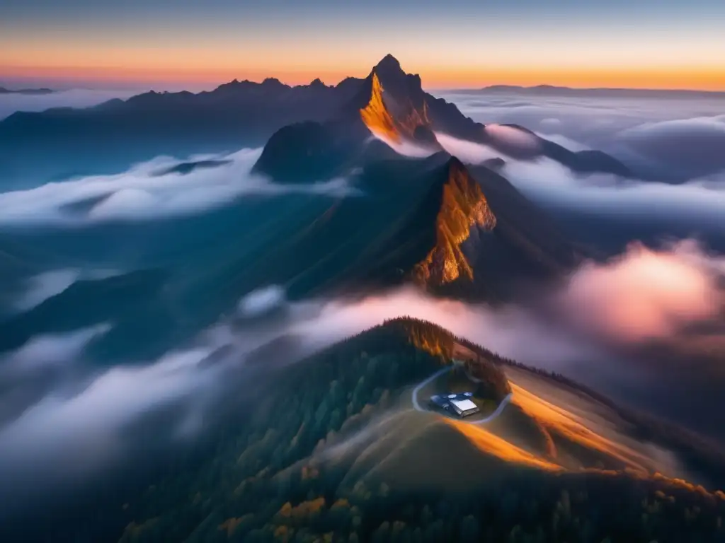 Vista aérea de montañas cubiertas de niebla, con un dron resaltando los usos prácticos en emergencias