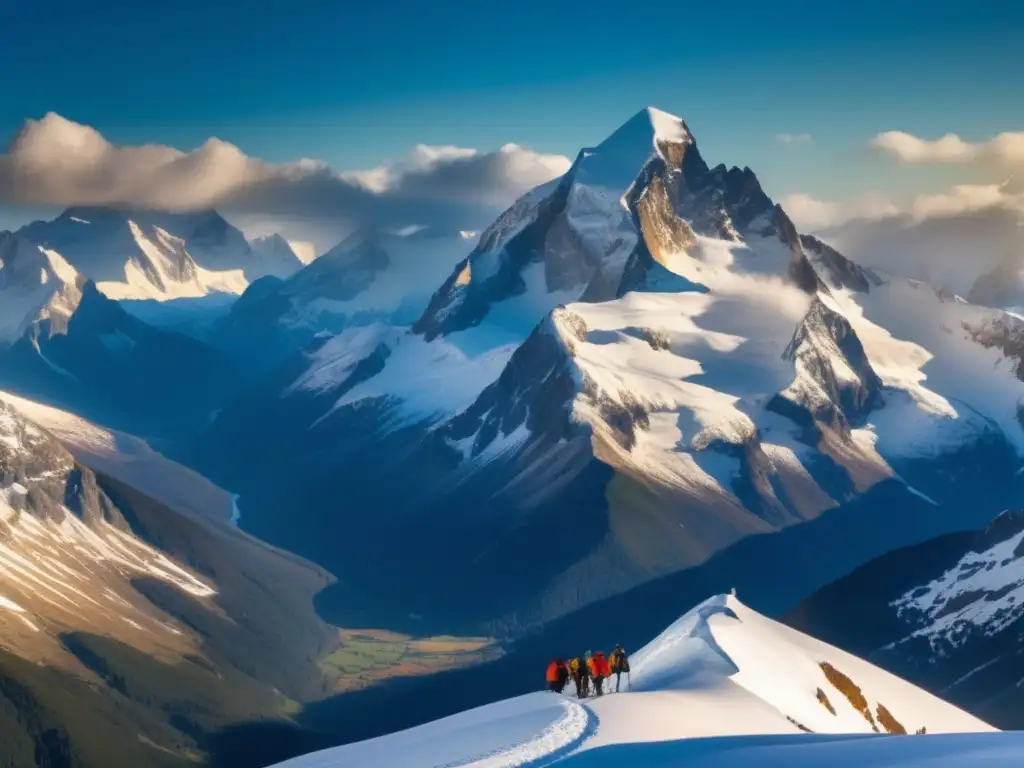 Técnicas de supervivencia en montañas: Majestuosas cumbres nevadas, montañeros expertos y desafíos en un paisaje alpino