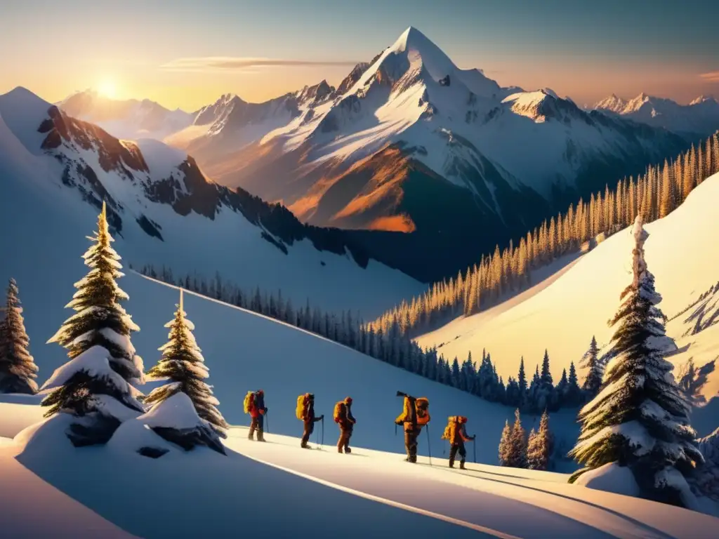 Montañas nevadas con preppers en ascenso Técnicas de supervivencia en aludes para preppers - Montañas nevadas, picos majestuosos, árboles cubiertos de nieve y preppers en terreno peligroso