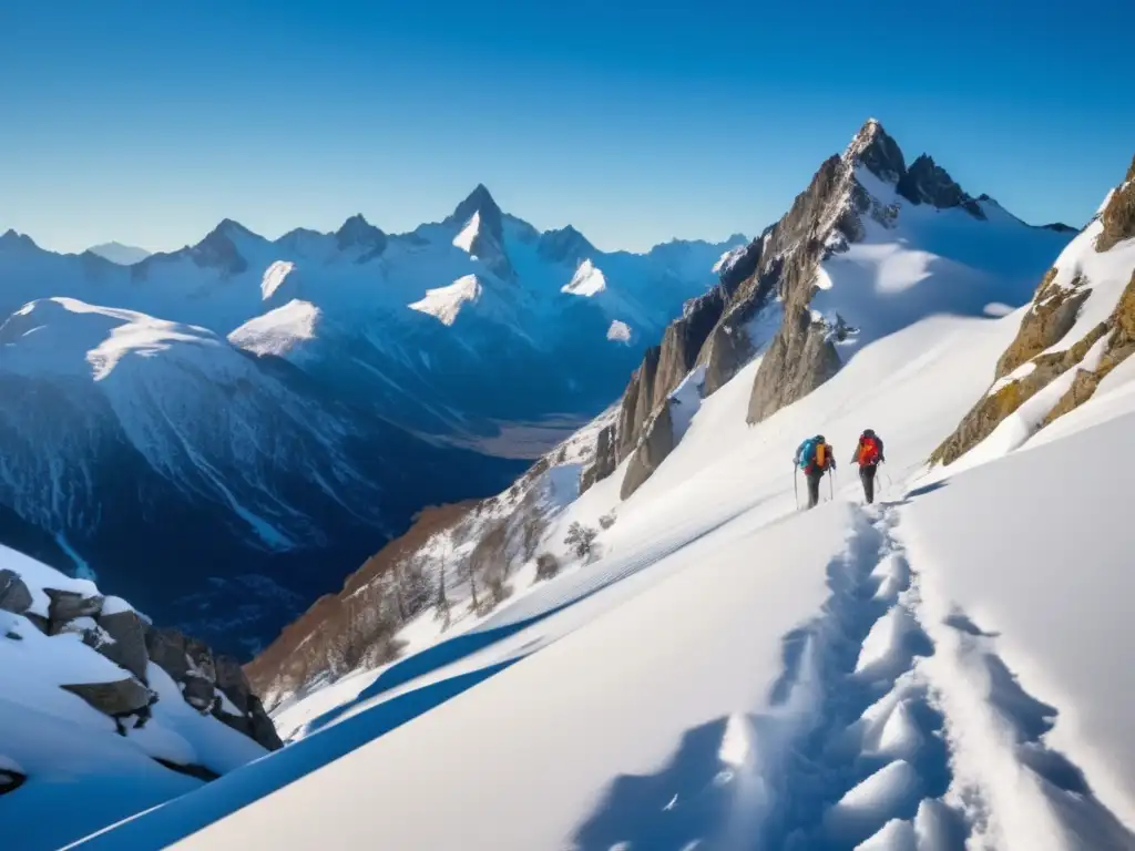 Cursos supervivencia climas extremos: montañas nevadas, cielo azul, senderistas preparados