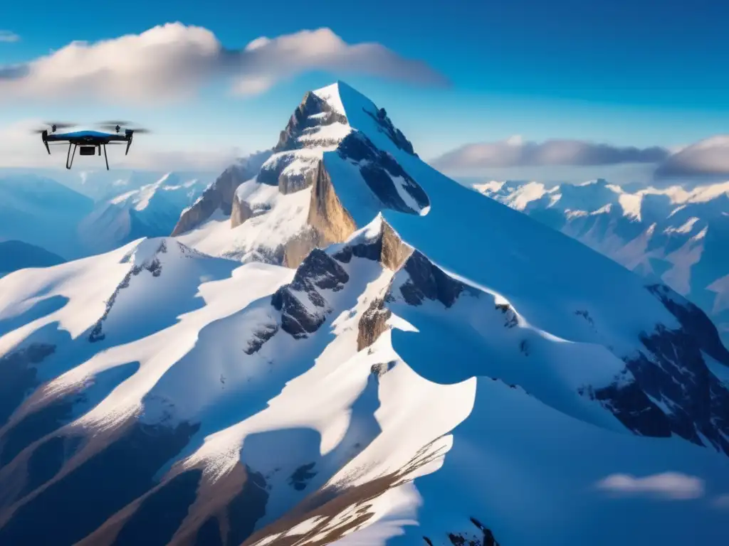 Ventajas y usos de drones en exploración: Imagen impresionante de montañas nevadas y un dron de alta tecnología