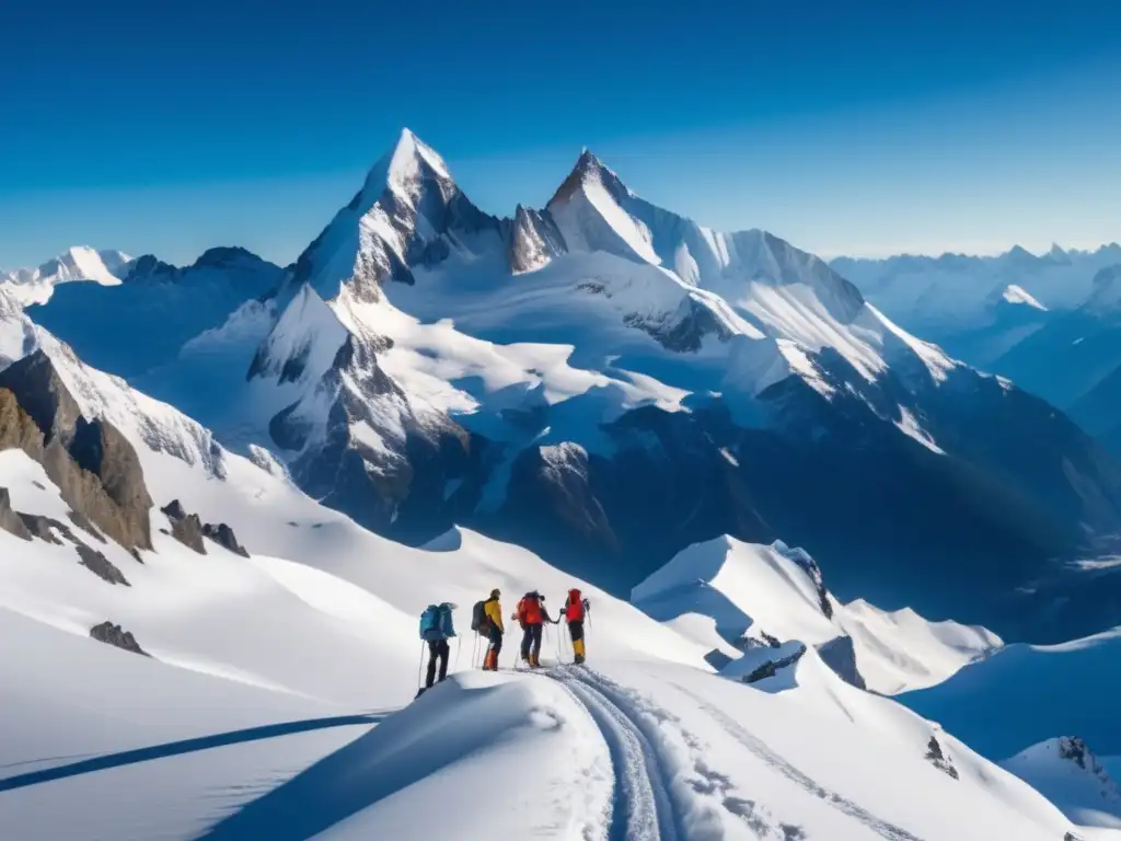 Preparación para avalanchas: Vista panorámica de montañas nevadas con montañeros equipados y seguros