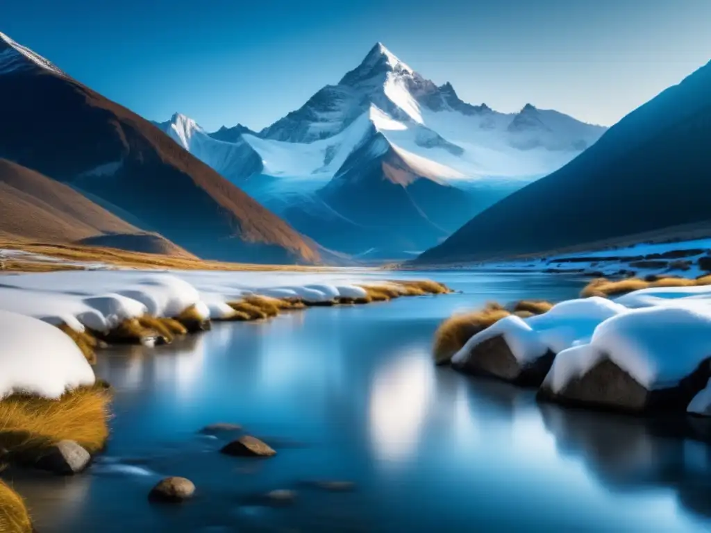 Purificación de agua en climas fríos: montañas nevadas y río helado reflejando pureza y serenidad