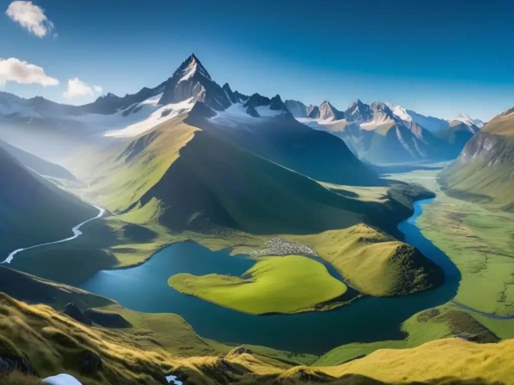 Paisaje impresionante de montañas nevadas con río, campamento y suministros de supervivencia