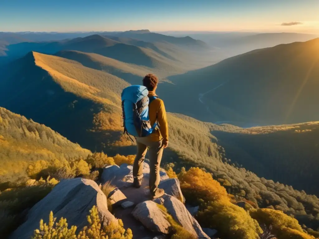 Persona en la cima de una montaña, paisaje impresionante, guía práctica de supervivencia en desastres naturales