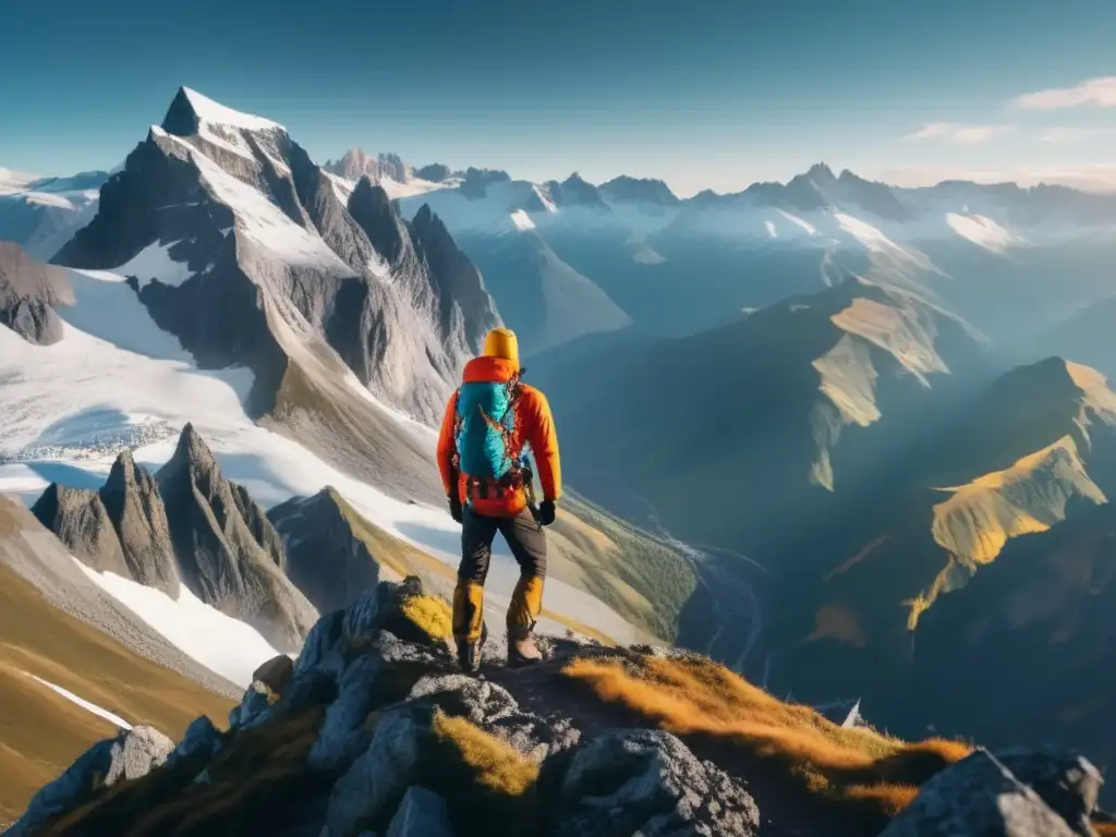 Montañero en el borde de un acantilado, con paisaje imponente