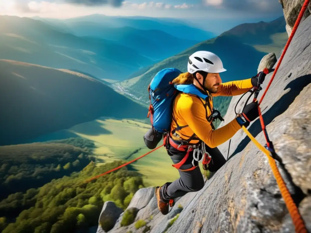 Técnicas de escalada segura en montaña: Montañista descendiendo con control y seguridad por la pared empinada