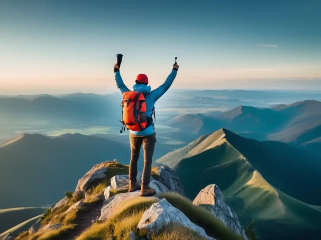 Persona en la montaña con mochila, equipo y señalización - Preparación para emergencias: Evitar y huir eficazmente