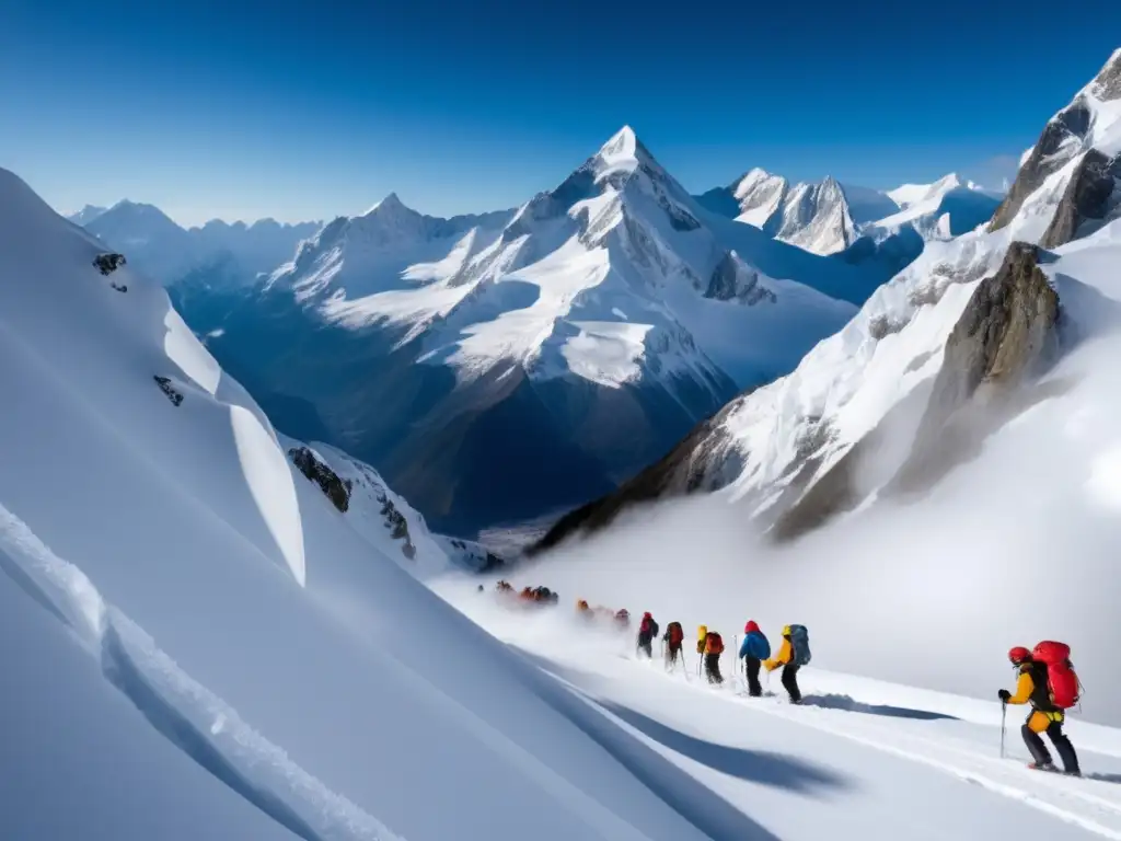 Técnicas de supervivencia en avalanchas: montañeros equipados con seguridad en una imagen impactante de una montaña nevada y una avalancha en progreso