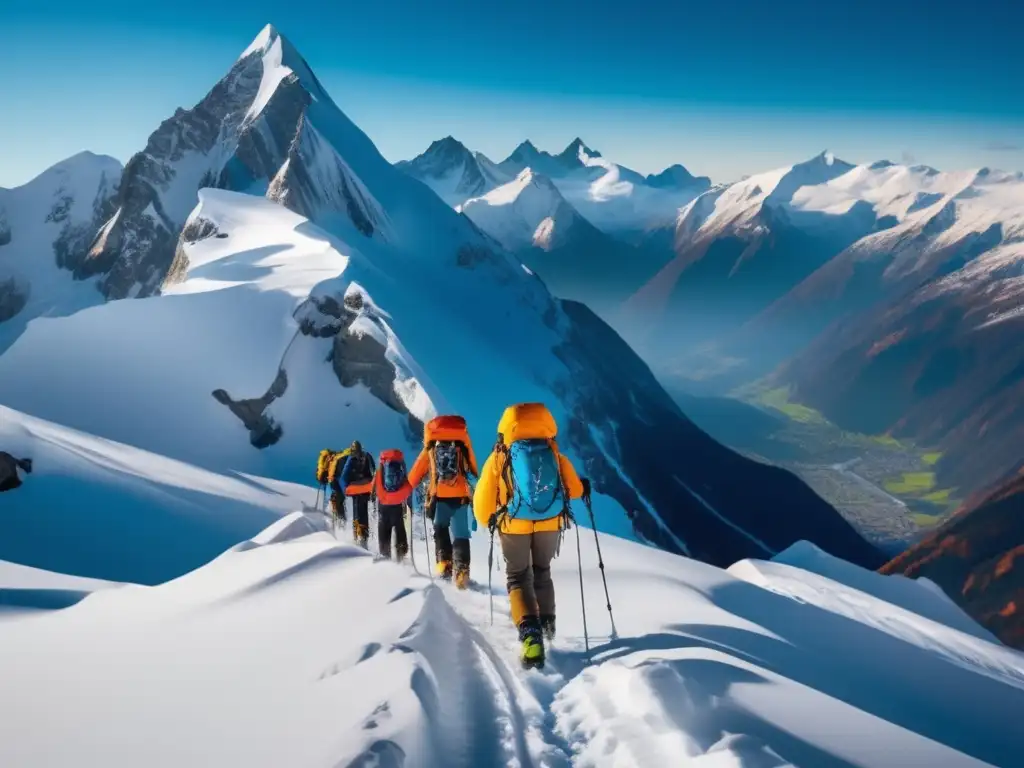 Técnicas de supervivencia en avalanchas: montañeros en una pendiente nevada, con picos imponentes y cielo azul claro