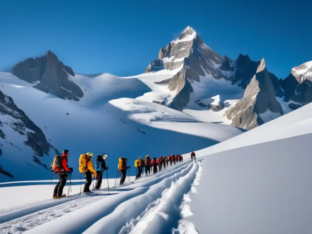 Técnicas de supervivencia en avalanchas: montañeros practicando técnicas de rescate en una imagen de montañas nevadas