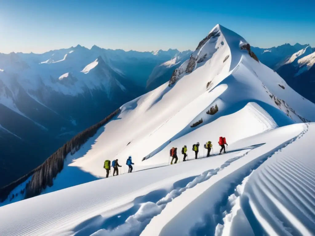 Montaña nevada con escaladores preparados Montañeros preparados analizan terreno en pendiente nevada con seguridad avanzada y mochilas, destacando claves para sobrevivir en aludes