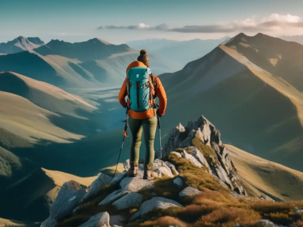 Hiker en montaña con vistas panorámicas