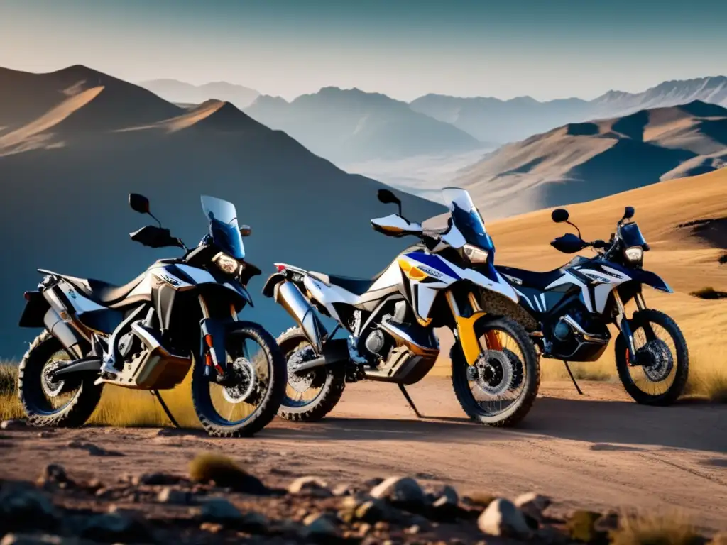 Tres motocicletas todo terreno en una montaña Motocicletas todo terreno para supervivencia en majestuosa montaña