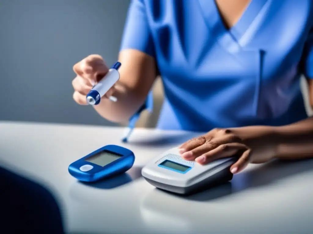 Mujer midaged con glucometer en mano, ansiosa, pruebas de azúcar en sangre, profesional médico apoyando - Primeros Auxilios para Diabéticos Emergencia