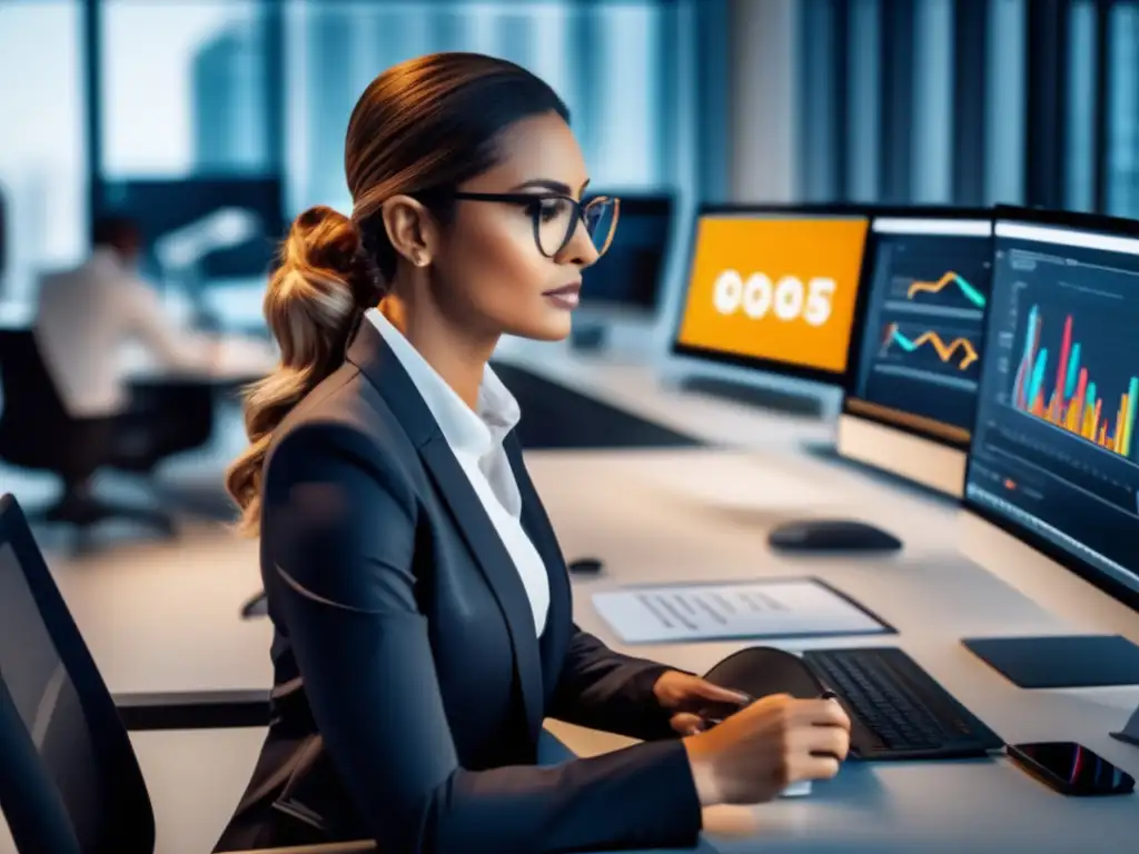 Mujer profesional planificando objetivos financieros en una oficina moderna