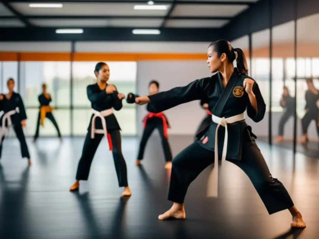 Mujeres practicando técnicas de defensa personal en estudio amplio y bien iluminado