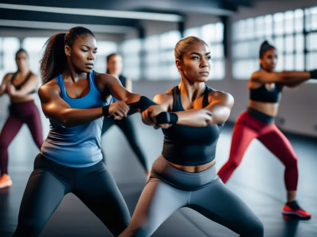 Técnicas de defensa personal femenina en un gimnasio moderno con mujeres diversas practicando movimientos defensivos