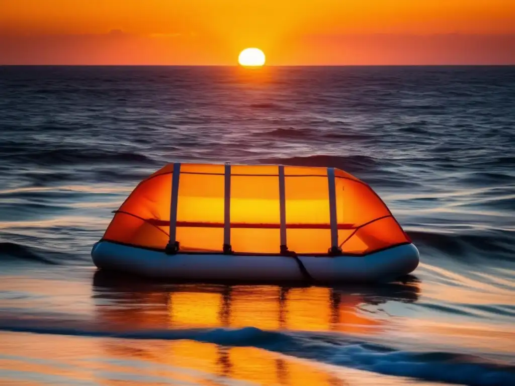 Sobrevivir a la deriva en el mar: imagen cautivadora de la soledad y vulnerabilidad en el océano, con balsa naranja y suministros de supervivencia