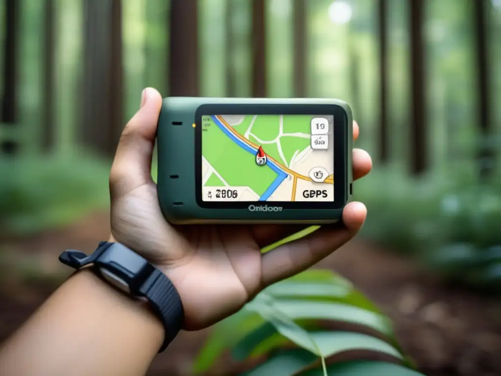 Utilización GPS en emergencias: persona confiada con dispositivo moderno en bosque denso