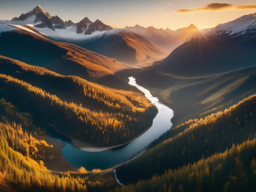 Clima y navegación en supervivencia: paisaje impresionante de montañas nevadas, bosques densos, río cristalino y expertos navegantes